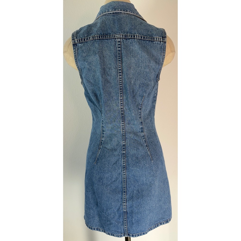 Vintage 90s Blue Denim Button Front Mini Dress Tunic Cardigan Cotton Cottage - Picture 3 of 9